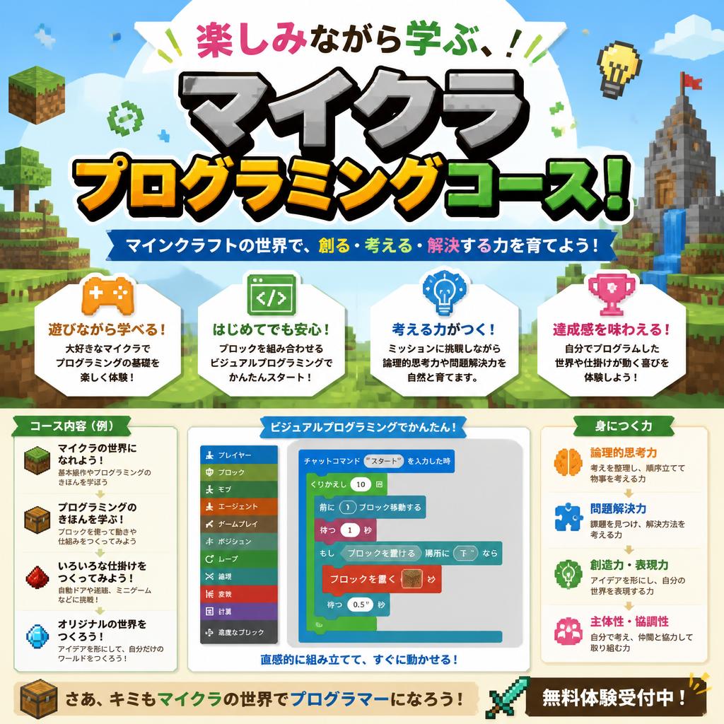 楽しみながら学ぶ、子どもたちのためのマイクラプログラミングコース！