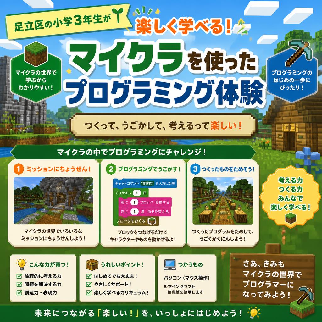 足立区の小学3年生が楽しく学べる！マイクラを使ったプログラミング体験